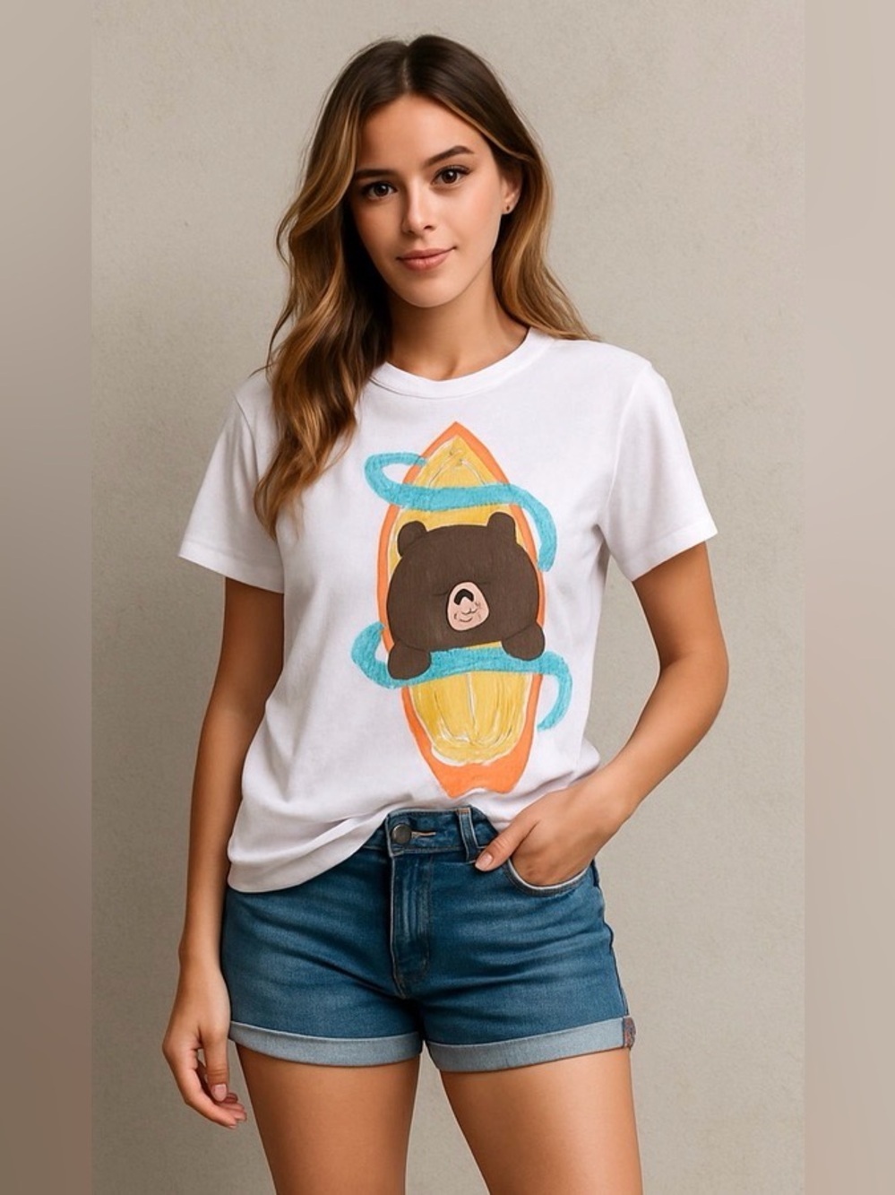 UT Uniqlo Surfer Bear Graphic Tee, White, Brown, Yellow, Orange, Blue, Size M